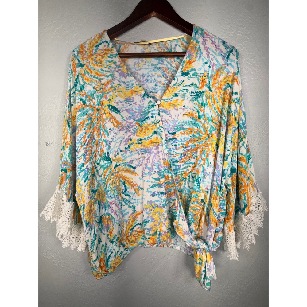 Democracy Womens XL Floral Surplice Tie Side Blouse Crochet Lace Sleeve Rayon